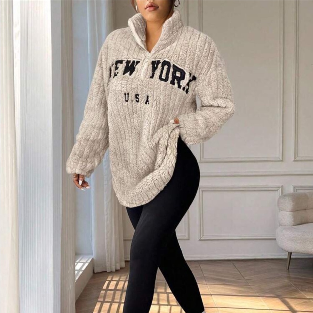 Cozy Taupe Beige  'NEW YORK USA'  half zip Fleece Pullover